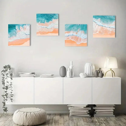 4pcs Coastal Beach Scenes with Turquoise & Peach Wall Art Canvas Framed (Copy)