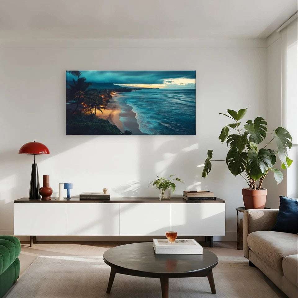 Night Tropical Beach Dusk and Ocean Wall Art Canvas Office Home Framed 120x60cm