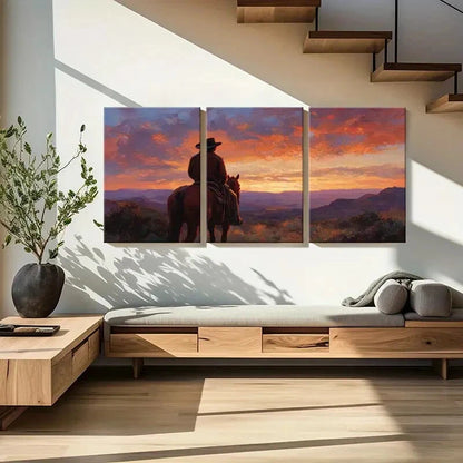 3pcs Vintage Landscape with Horseback Rider Metal Print Ready to Hang Art