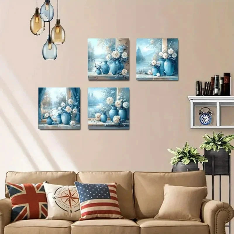 4pcs Blue & White Flower Vase Prints Wall Art Canvas Framed
