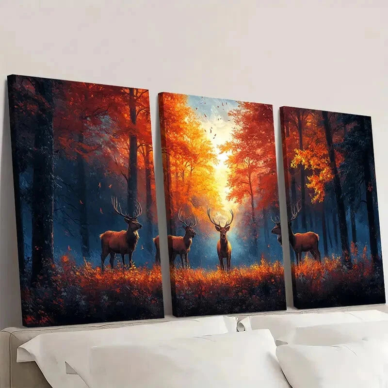 3pcs Rustic Deer Autumn Forest Landscape Wall Art Set Canvas Framed 40x60cm - High Quality Print 100% Australian Made Wall Canvas Ready to Hang