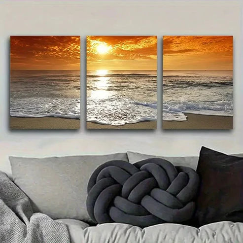 3pcs Ocean Sunset Panorama Wall Art Set Canvas Unframed - High Quality Print 100% Australian Made Wall Canvas