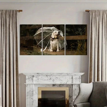 3pcs Puppy Dog Pet Under an Umbrella Wall Art Set Canvas Framed 40x60cm - High Quality Print 100% Australian Made Wall Canvas Ready to Hang