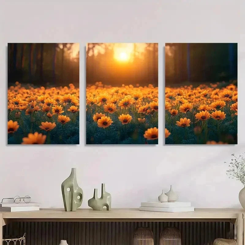 3pcs Orange Daisy Meadow Warm Sunlight Perfect Wall Art Set Canvas Framed 40x60cm - High Quality Print 100% Australian Made Wall Canvas Ready to Hang