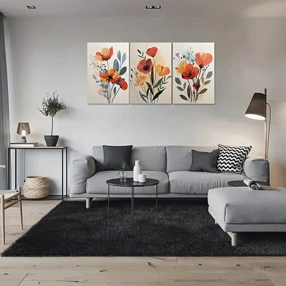 3pcs Orange Red Yellow Flowers with Green Leaves Wall Art Set Canvas Framed 40x60cm - High Quality Print 100% Australian Made Wall Canvas Ready to Hang
