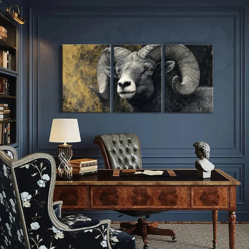 3pcs Artistic Ram Portrait Detailed Illustration Metal Print Ready to Hang Art