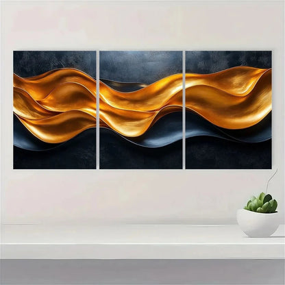 3pcs Modern Golden Wavy Lines Black Golden Metal Print Ready to Hang Art