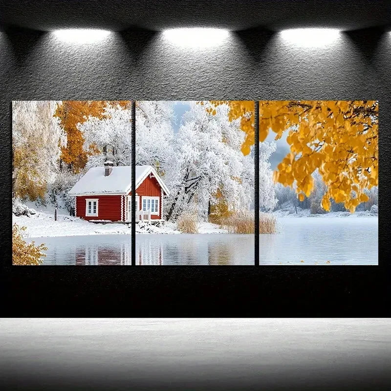 3pcs A House in The Snow Yellow Leaves Metal Print Ready to Hang Art
