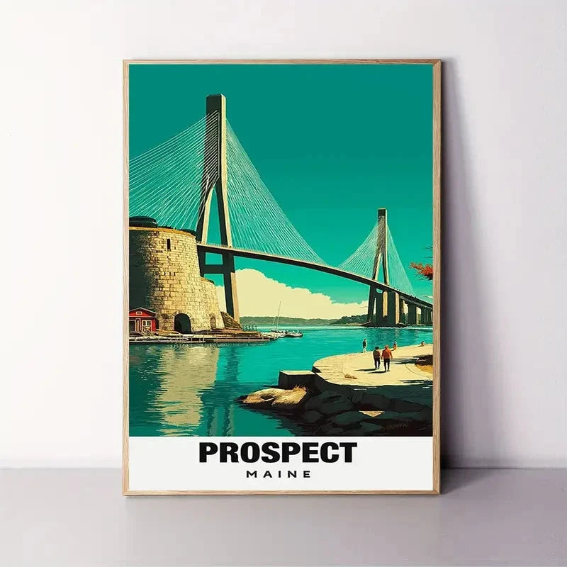 Prospect Maine Coastal Bridge Turquoise & White Travel Poster Print Wall Art