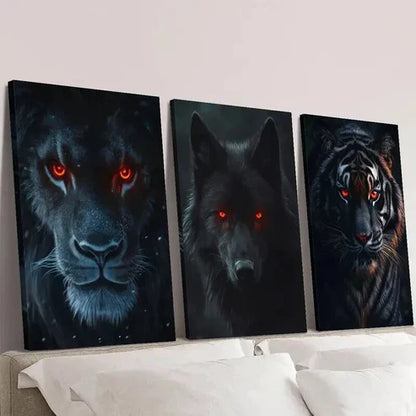 3pcs Red Eyed Black Lion Black Wolf Black Tiger Wall Art Canvas Unframed - High Quality Print 100% Australian Made Wall Canvas