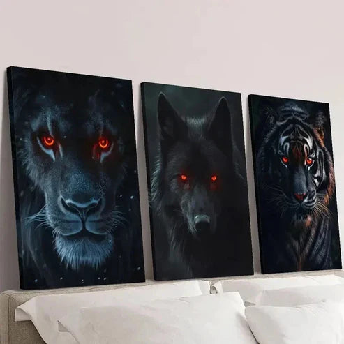 3pcs Red Eyed Black Lion Black Wolf Black Tiger Wall Art Canvas Unframed - High Quality Print 100% Australian Made Wall Canvas