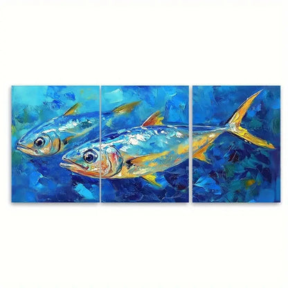 3pcs Sardine Painting Fish Artwork RT Wall Art Set Canvas Framed 60x90cm - High Quality Print 100% Australian Made Wall Canvas Ready to Hang