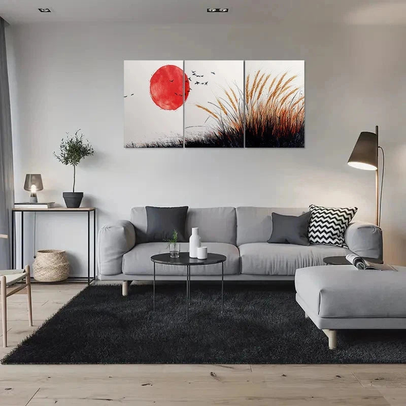 3pcs Red Sun & Wheat Field Design Metal Print Ready to Hang Art