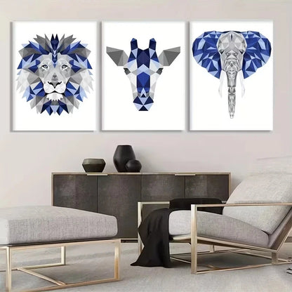 3pcs Navy Blue and Gray Giraffe Lion Elephant Wall Art Set Canvas Framed 60x90cm - High Quality Print 100% Australian Made Wall Canvas Ready to Hang