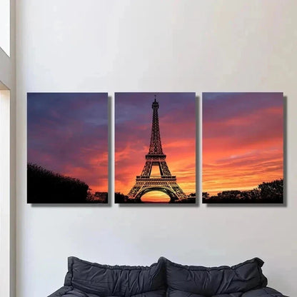 3pcs Eiffel Tower & Sunset with Evening Clouds Wall Art Set Canvas Framed 40x60cm - High Quality Print 100% Australian Made Wall Canvas Ready to Hang