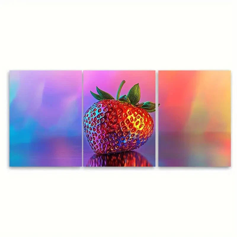3pcs Metallic Strawberry Vibrant Chrome Metal Print Ready to Hang Art
