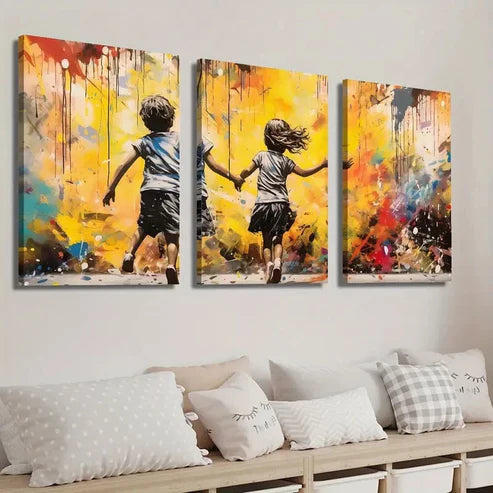 3pcs Boy And Girl Running on a Street Wall Art Set Canvas Unframed - High Quality Print 100% Australian Made Wall Canvas