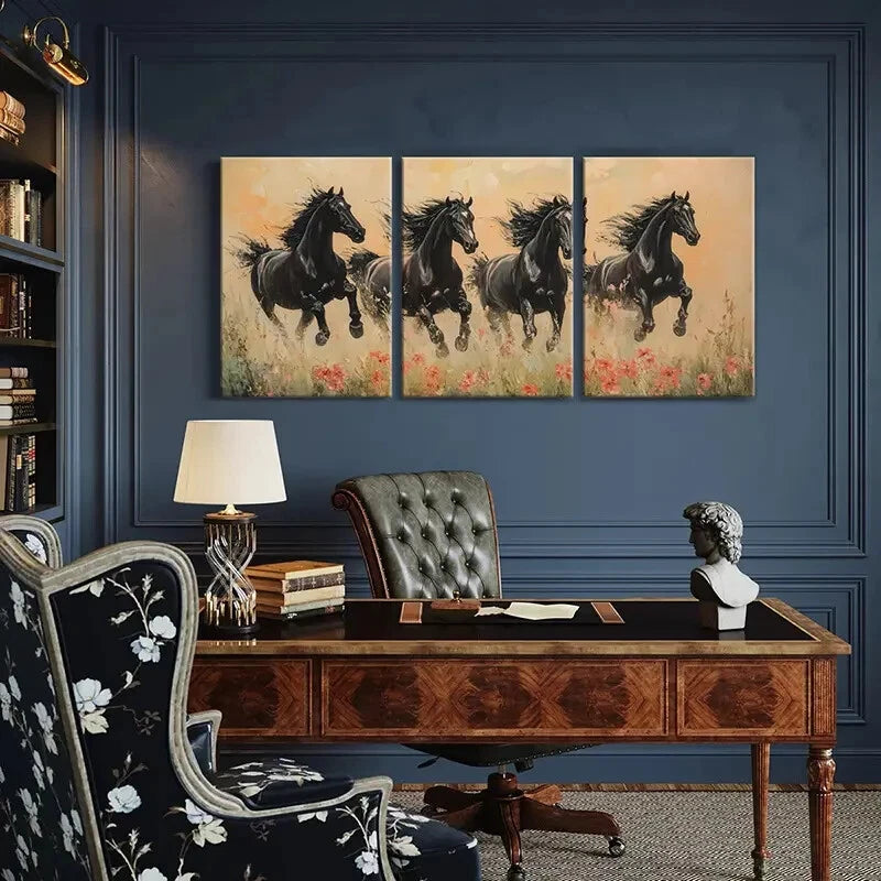 3pcs Black Horses Running Floral Field Abstract Metal Print Ready to Hang Art