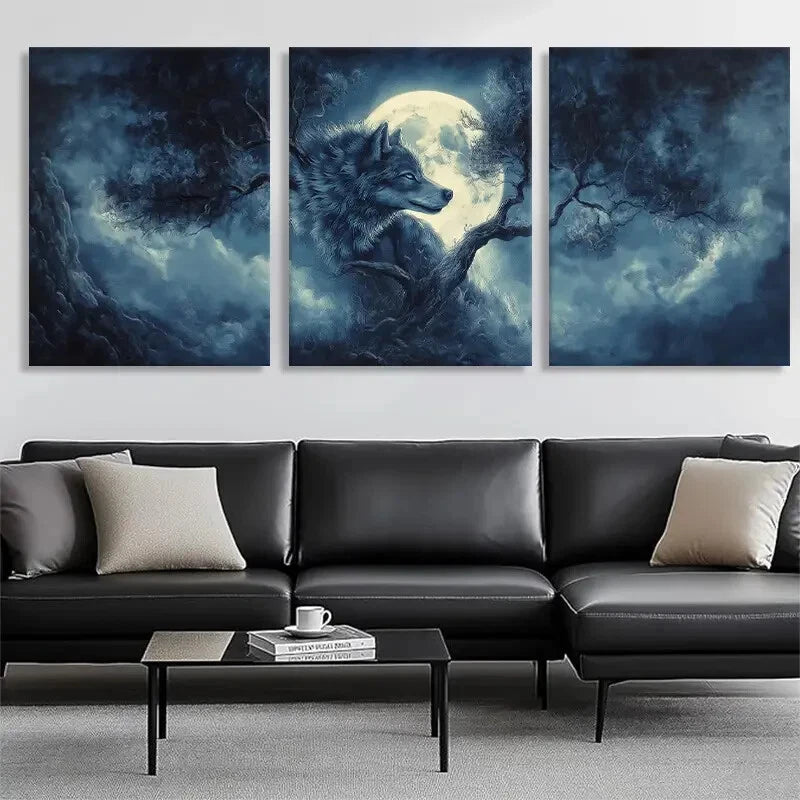 3pcs Majestic Wolf Under the Full Night Perfect Wall Art Set Canvas Framed 40x60cm - High Quality Print 100% Australian Made Wall Canvas Ready to Hang