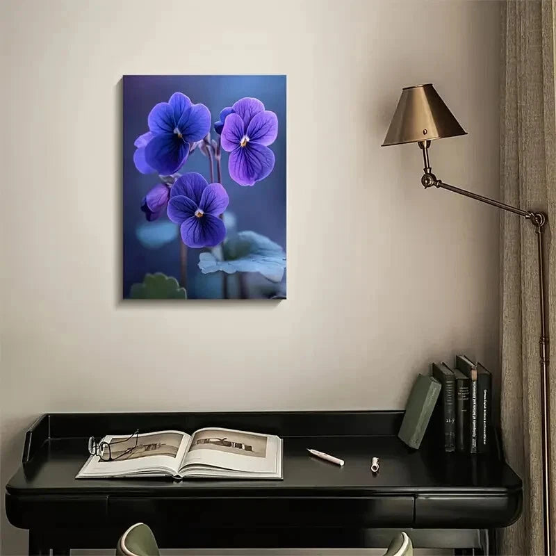 Vibrant Purple Violets with Green Leaves Painting 40x60cm Metal Print Ready to Hang