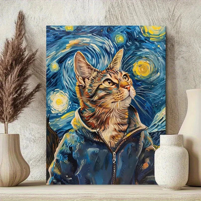 Van Gogh Starry Night Gentleman Cat Whimsical Funny 40x60cm Metal Print Ready to Hang