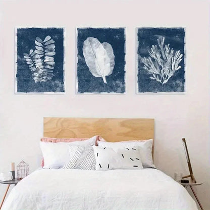 3pcs Blue Tropical Leaf and Coral Metal Print Ready to Hang Art