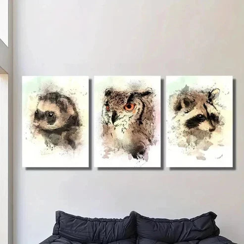3pcs Watercolor Ferret Raccoon Owl Portrait Wall Art Canvas Unframed – High Quality Print 100% Australian Made Wall Canvas