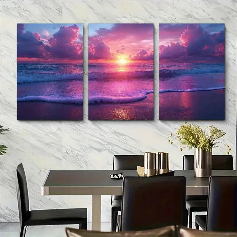 3pcs Beach Sunrise Cotton Candy Pink Perfect Wall Art Set Canvas Framed 40x60cm - High Quality Print 100% Australian Made Wall Canvas Ready to Hang