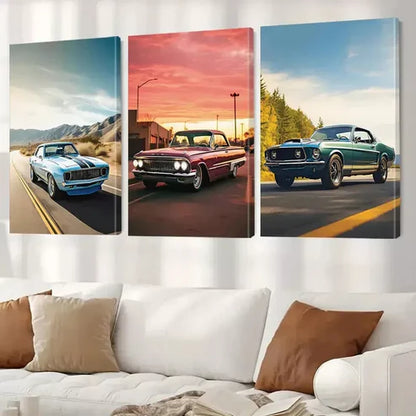 3pcs Retro Aesthetic Vintage Cars With Sunset Art Set Canvas Unframed - High Quality Print 100% Australian Made Wall Canvas