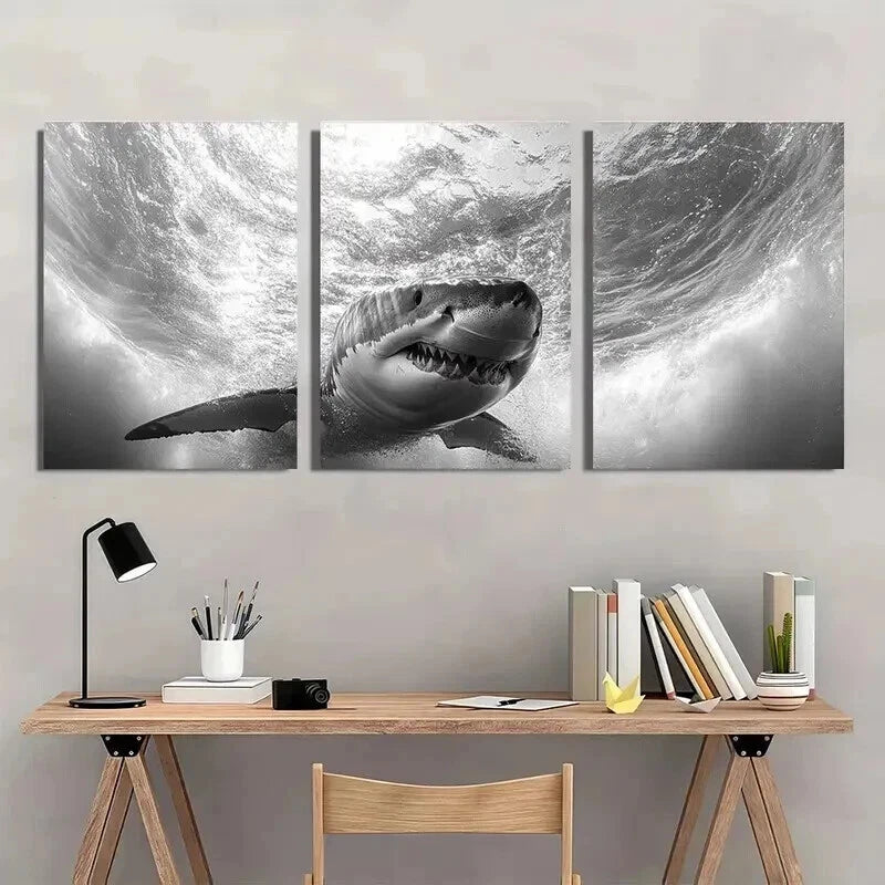 3pcs Black And White Shark Underwater Scene Wall Art Set Canvas Framed 40x60cm - High Quality Print 100% Australian Made Wall Canvas Ready to Hang
