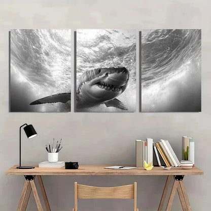 3pcs Black And White Shark Underwater Scene Wall Art Set Canvas Framed 40x60cm - High Quality Print 100% Australian Made Wall Canvas Ready to Hang