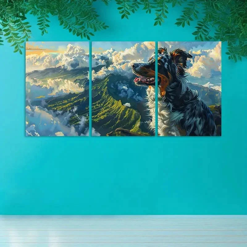 3pcs Australian Shepherd Mountain Scene Wall Art Set Canvas Framed 50x70cm - High Quality Print 100% Australian Made Wall Canvas Ready to Hang