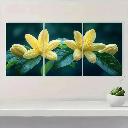 3pcs Vibrant Yellow Flowers & Green Leaves Wall Art Set Canvas Unframed – High Quality Print 100% Australian Made Wall Canvas