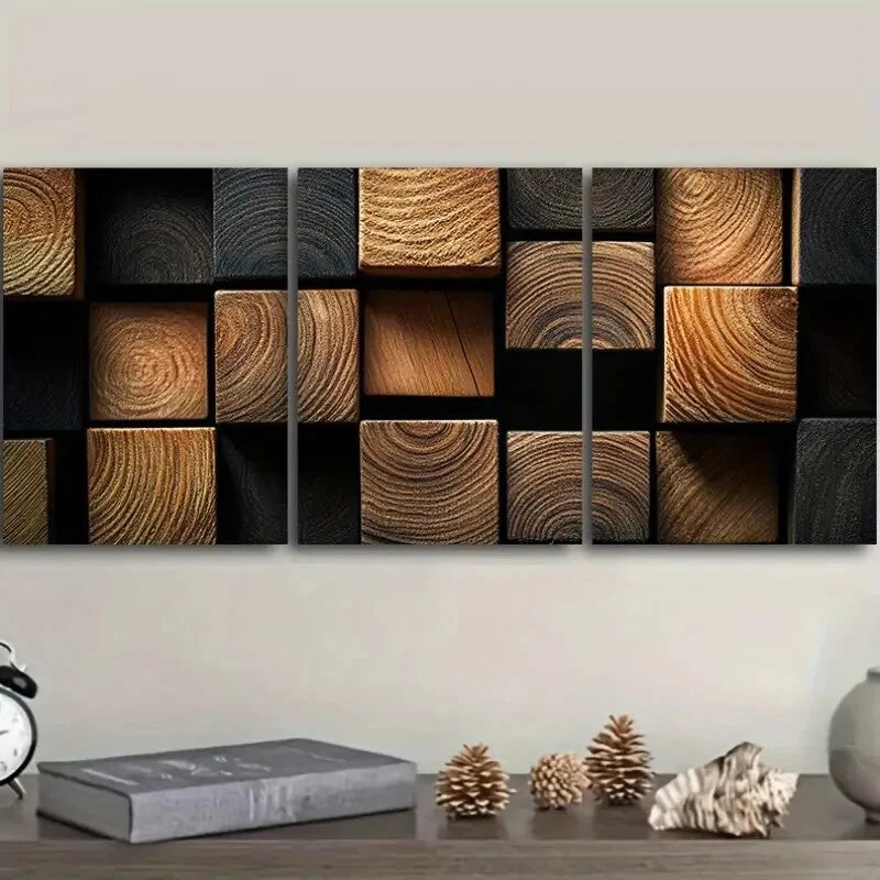 3pcs Dark Textured Wood Blocks Metal Print Ready to Hang Art