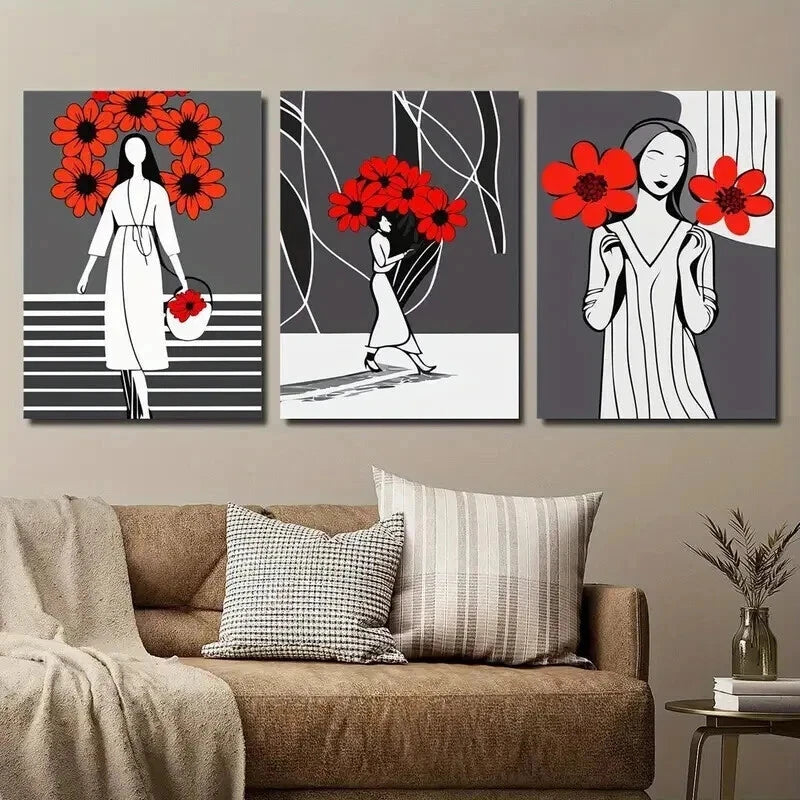 3pcs Abstract Black & Recd Flower Girl Perfect Wall Art Set Canvas Framed 40x60cm - High Quality Print 100% Australian Made Wall Canvas Ready to Hang