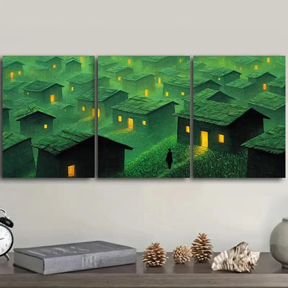3pcs Green Village Houses Design Deco Style Wall Art Set Canvas Framed 40x60cm - High Quality Print 100% Australian Made Wall Canvas Ready to Hang
