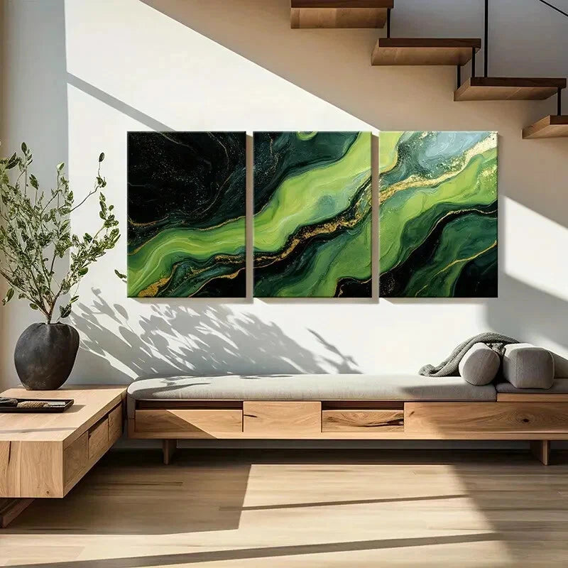 3pcs Abstract Green & Golden Fluid Art Metal Print Ready to Hang Art