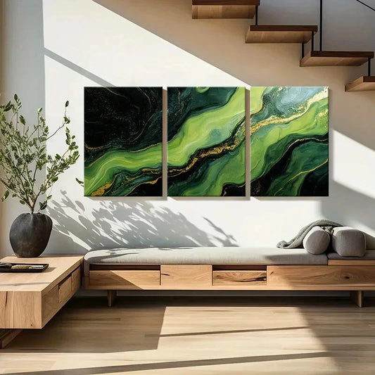 3pcs Abstract Green & Golden Fluid Art Metal Print Ready to Hang Art