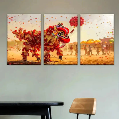 3pcs Vibrant Lion Dance Scene with Confetti Canvas Art S Wall Art Set Canvas Unframed - High Quality Print 100% Australian Made Wall Canvas - Bella Home Decor