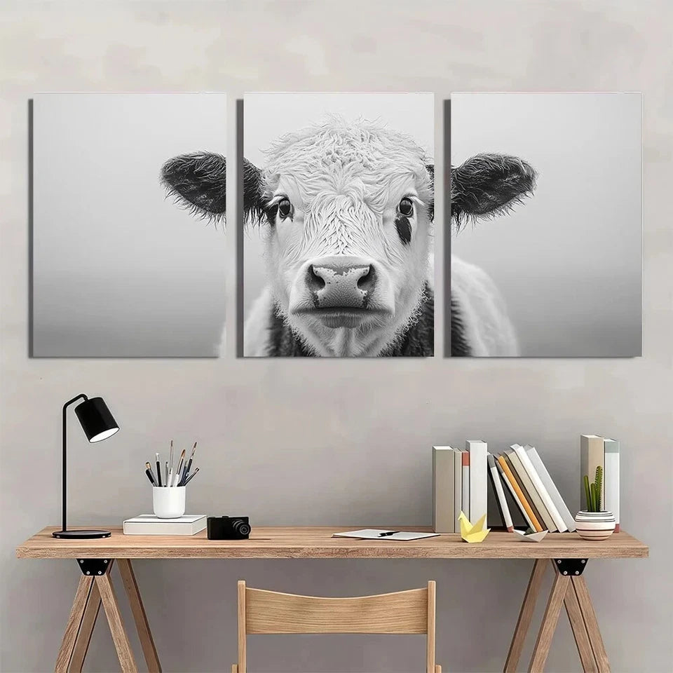 3pcs Black and White Cow Bohemian Modern Metal Print Ready to Hang Art