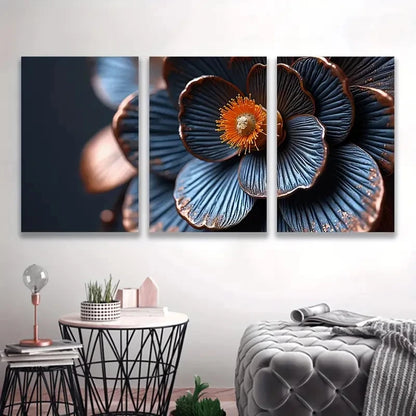 3pcs Metallic Blue Flower With Orange Center Wal1l Art Set Canvas Framed 40x60cm - High Quality Print 100% Australian Made Wall Canvas Ready to Hang