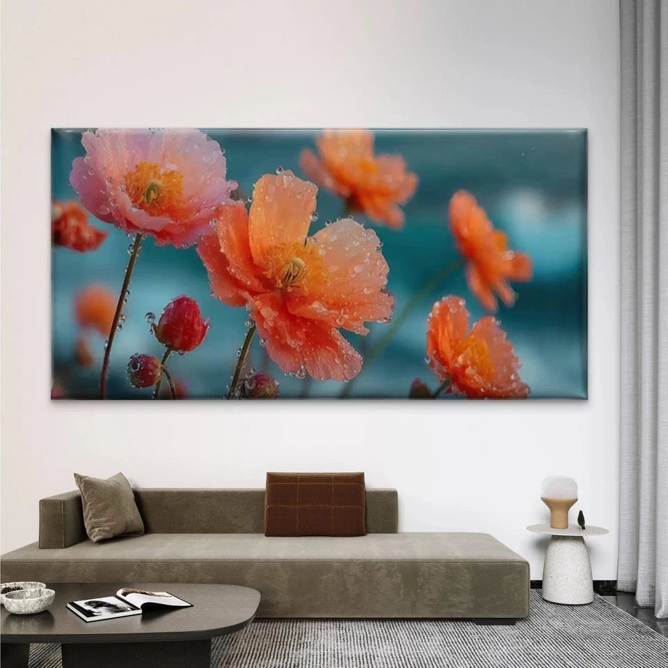 Orange Poppies Close-Up Wall Art Canvas Office Home Room Framed 120x60cm