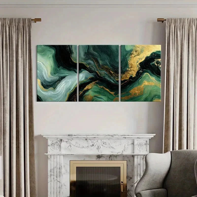 3pcs Teal & Golden Abstract Modern Marble Design Metal Print Ready to Hang Art