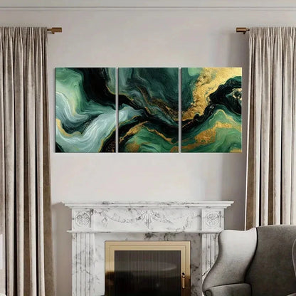 3pcs Teal & Golden Abstract Modern Marble Design Metal Print Ready to Hang Art