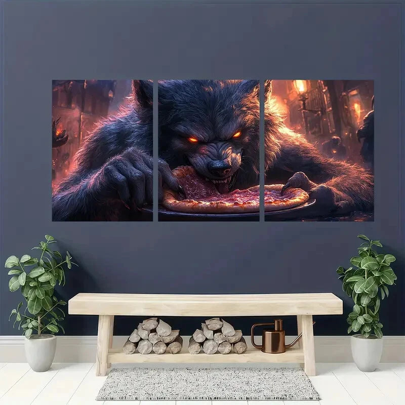 3pcs Wolf Devouring Pizza Horror & Humor Metal Print Ready to Hang Art