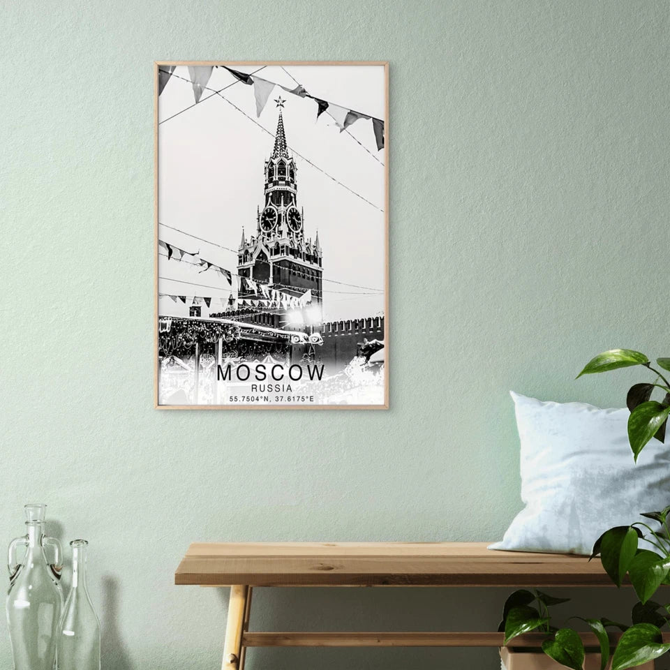 Moscow City Skyline Black and White Travel Poster Print Wall Art - Bella Home Decor