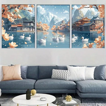 3pcs Colorful Tranquil River with Swans Canvas Wall Art Canvas Unframed - High Quality Print 100% Australian Made Wall Canvas
