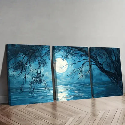 3pcs Blue Landscape with Full Moon & Trees Wall Art Set Canvas Unframed - High Quality Print 100% Australian Made Wall Canvas