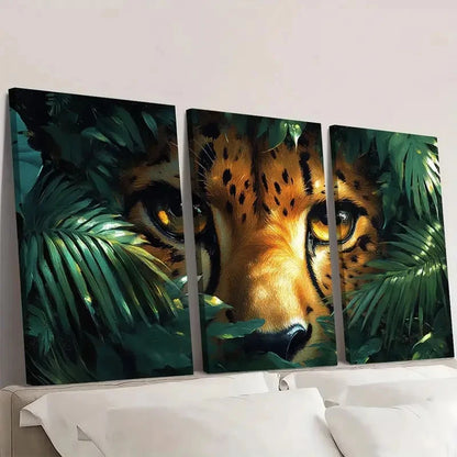 3pcs Tropical Foliage Vibrant Green Wildcat Eyes Wall Art Set Canvas Framed 40x60cm - High Quality Print 100% Australian Made Wall Canvas Ready to Hang