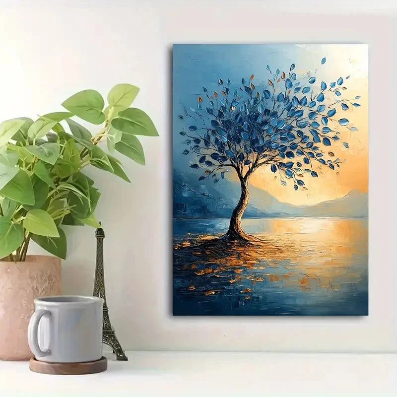 Beautiful Triple Sparse Blue Leaf Tree Painting 40x60cm Metal Print Ready to Hang